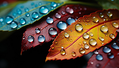 Close-up of dewdrops reflecting a rainbow of colors on a leaf.