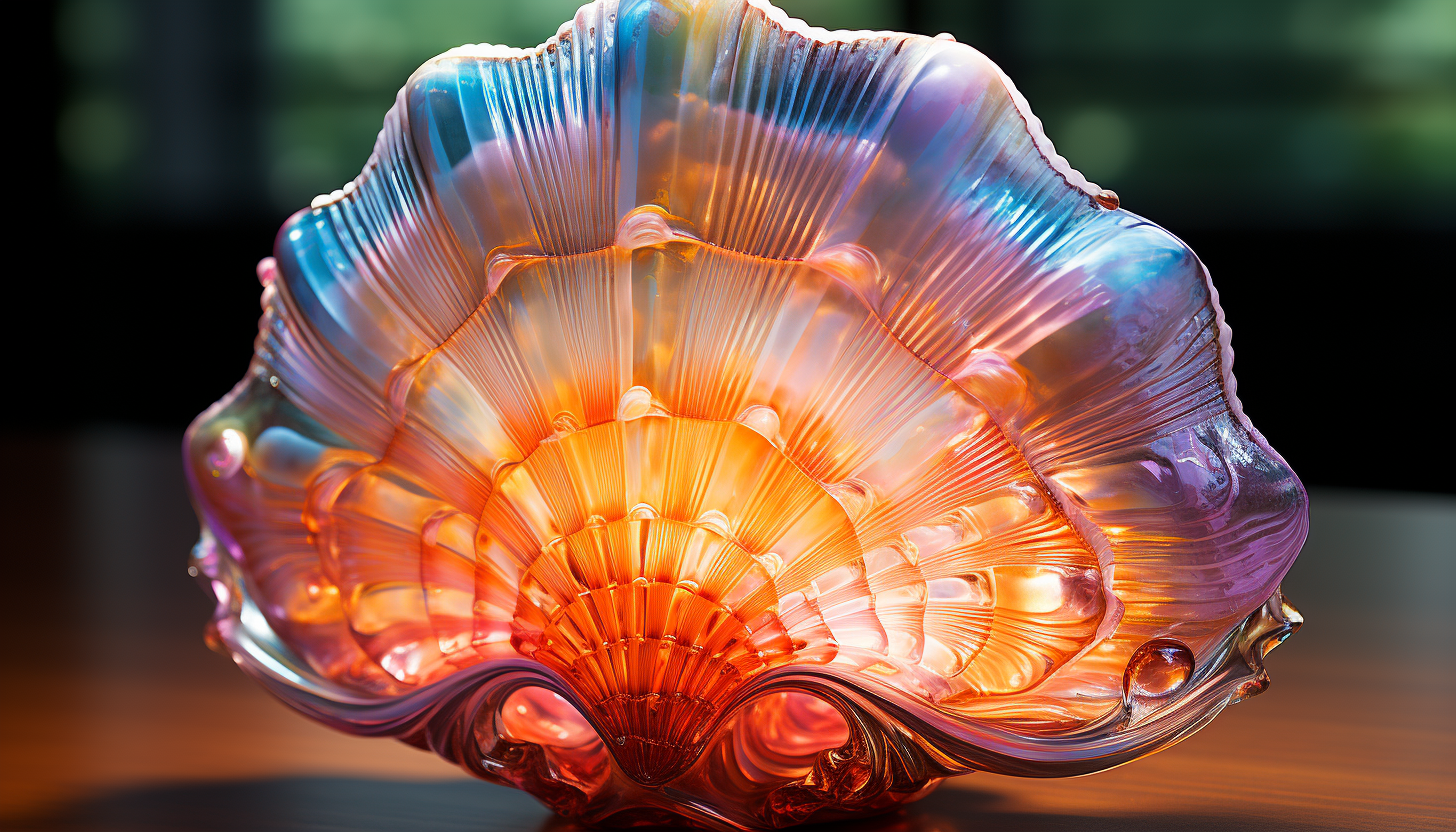 The iridescent inside of a seashell, displaying a myriad of colors.