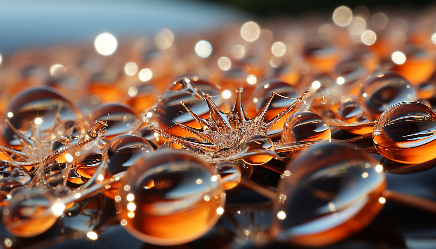 Extreme close-up of dewdrops on a spider's web, refracting sunlight.