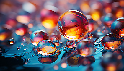 Close-up of iridescent bubbles floating in the air, reflecting a rainbow of colors.