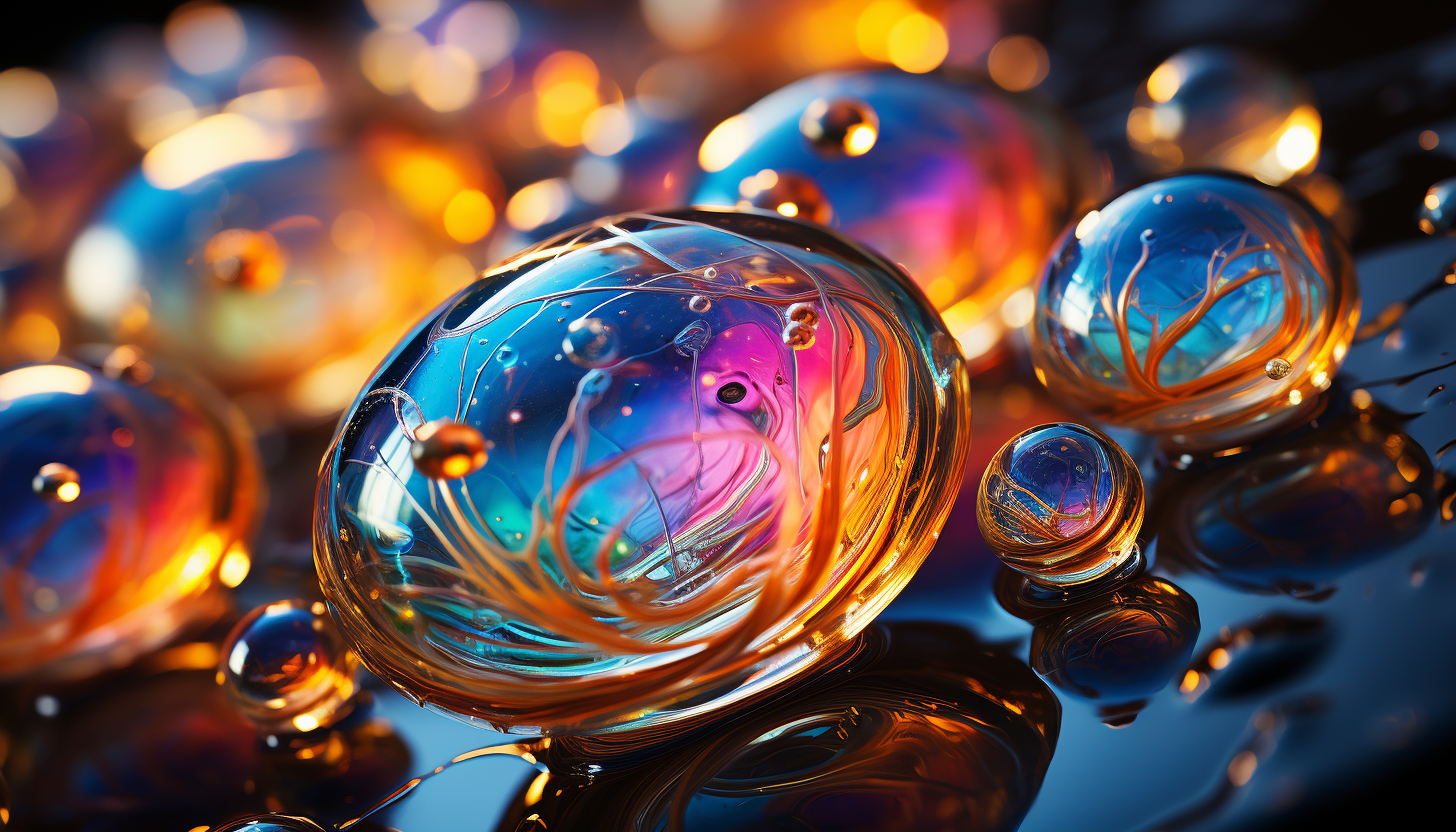 Close-up of iridescent soap bubbles reflecting a kaleidoscope of colors.