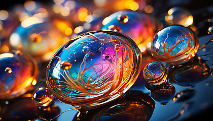 Close-up of iridescent soap bubbles reflecting a kaleidoscope of colors.