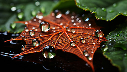 A close-up of dew drops on a spider's web, reflecting the colors of a garden.