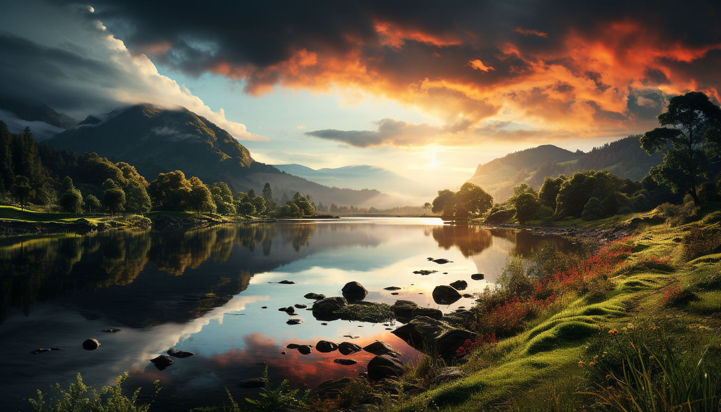 9. A rainbow arcing over a lush, verdant landscape after a rain.