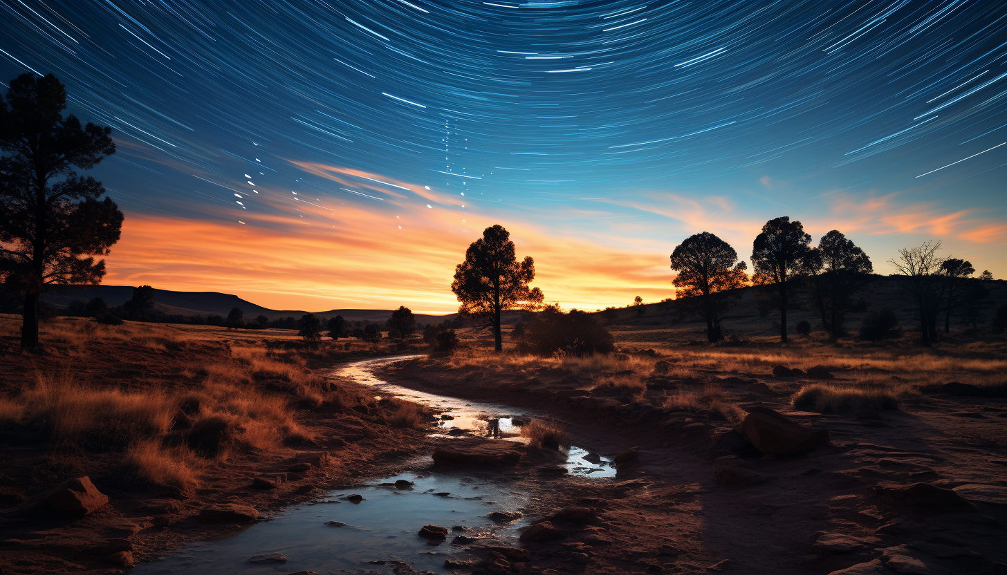 A long-exposure shot of stars forming trails across the night sky.