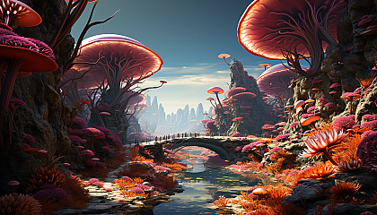 An alien planet's landscape, with colorful and bizarre geological formations.