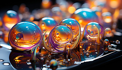 Macro shot of iridescent soap bubbles capturing reflections.