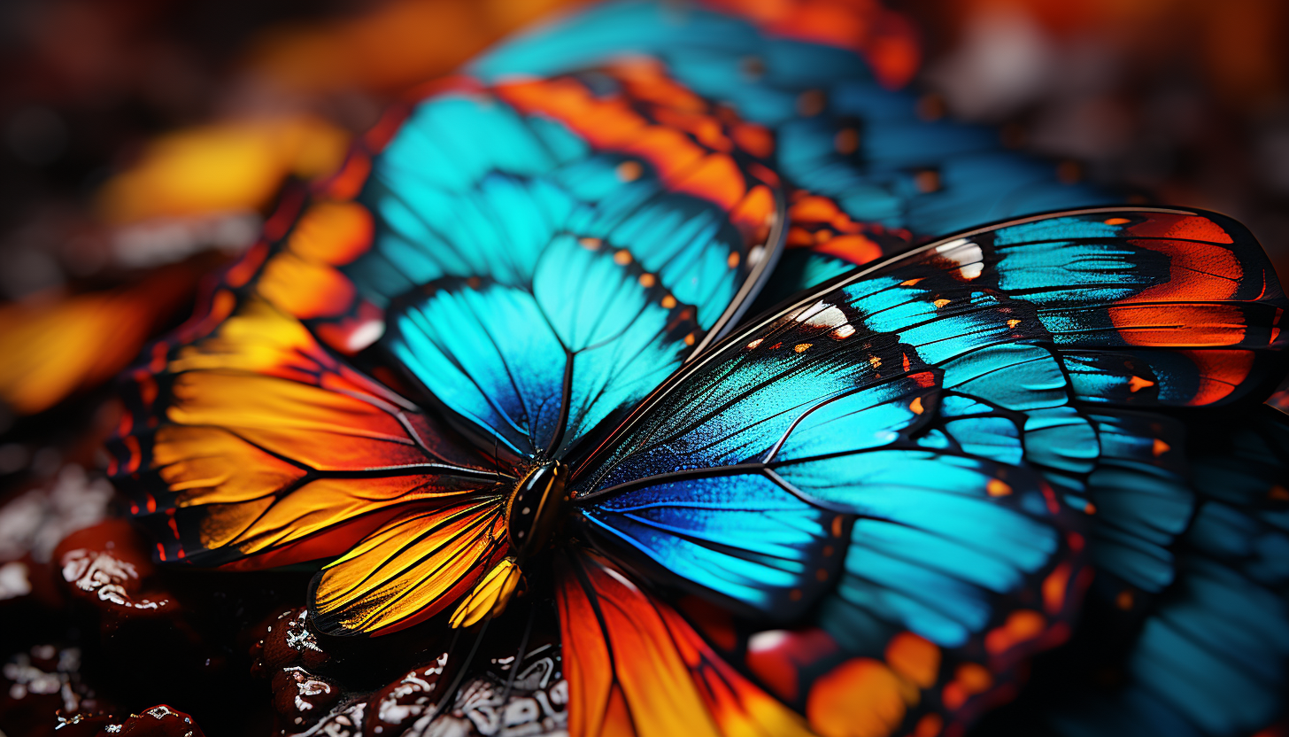 Macro view of a butterfly's wing, showing intricate patterns and colors.