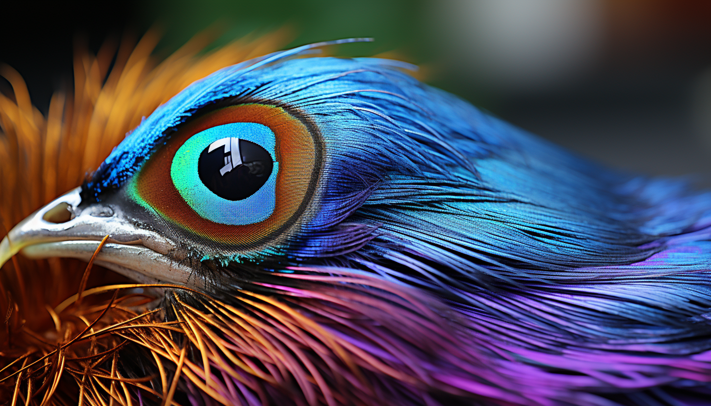 Close-up of a peacock feather, displaying its iridescent colors and complex design.