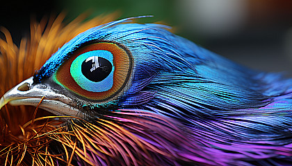 Close-up of a peacock feather, displaying its iridescent colors and complex design.