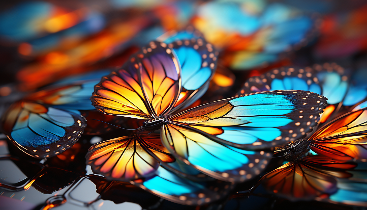 Close-up of a butterfly's wing, revealing intricate patterns and vivid colors.