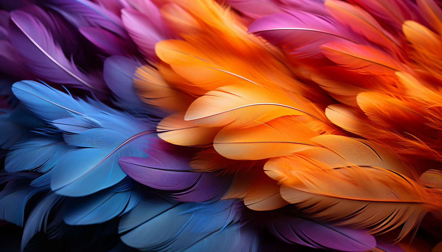 Macro photography of colorful feathers, revealing intricate details.