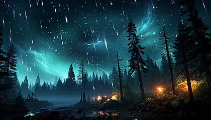 A meteor shower lighting up the night sky with streaks of brilliance.