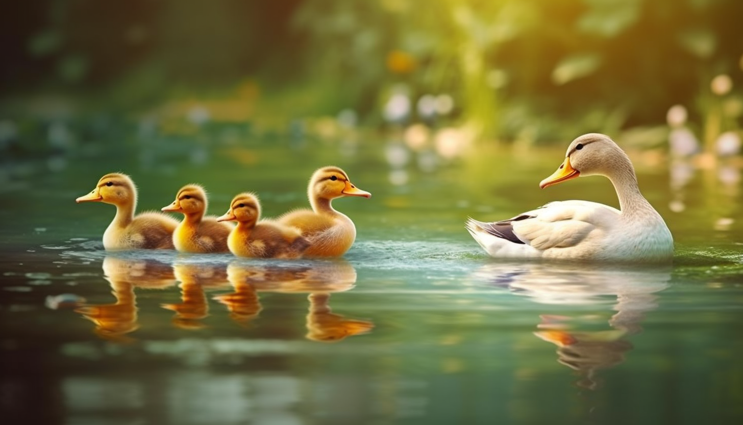 A family of ducks gliding peacefully across a pond.