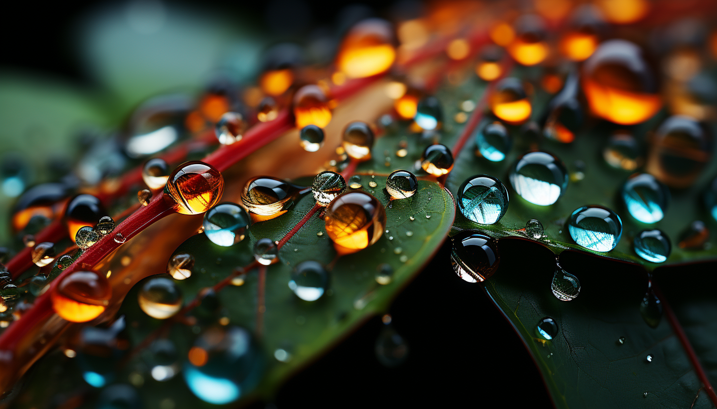 A close-up of dew drops on a spider's web, reflecting the colors of a garden.