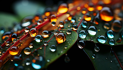 A close-up of dew drops on a spider's web, reflecting the colors of a garden.