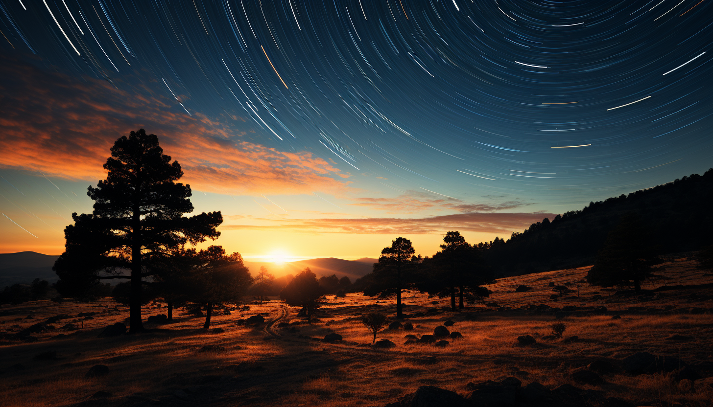 Star trails over a remote landscape, capturing the movement of celestial bodies.