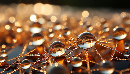 Close-up of dew drops on a spider's web, reflecting the morning sun.