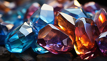 A detailed view of a crystal's facets, displaying a rainbow of reflections.