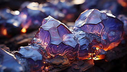 Close-up of crystalline structures within a geode, reflecting light in dazzling ways.