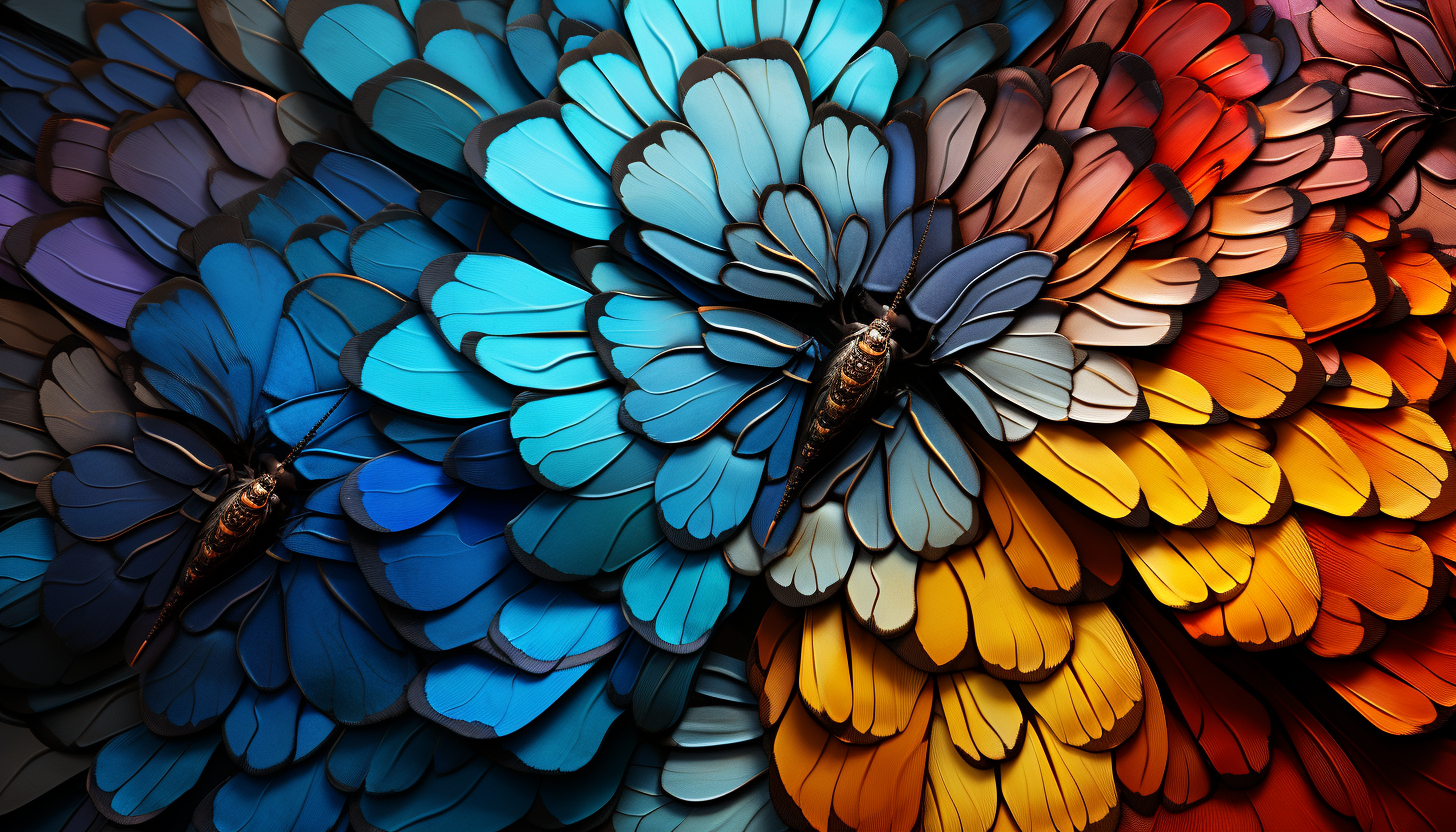 A close-up of colorful butterfly wings, showcasing intricate patterns.