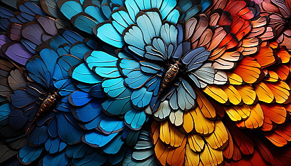 A close-up of colorful butterfly wings, showcasing intricate patterns.