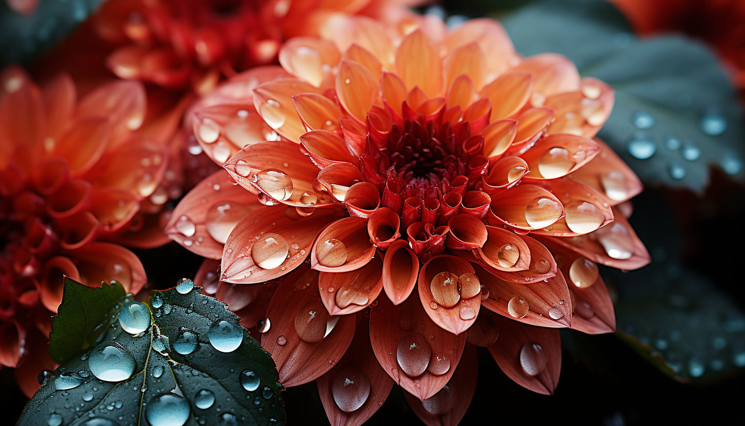 A close-up of dewdrops on a vibrant flower petal.