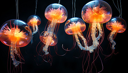 Glowing bioluminescent organisms in a dark ocean.