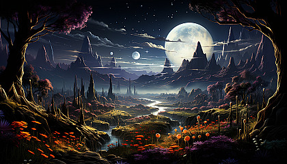 An alien landscape from a distant galaxy, filled with fantastical flora.