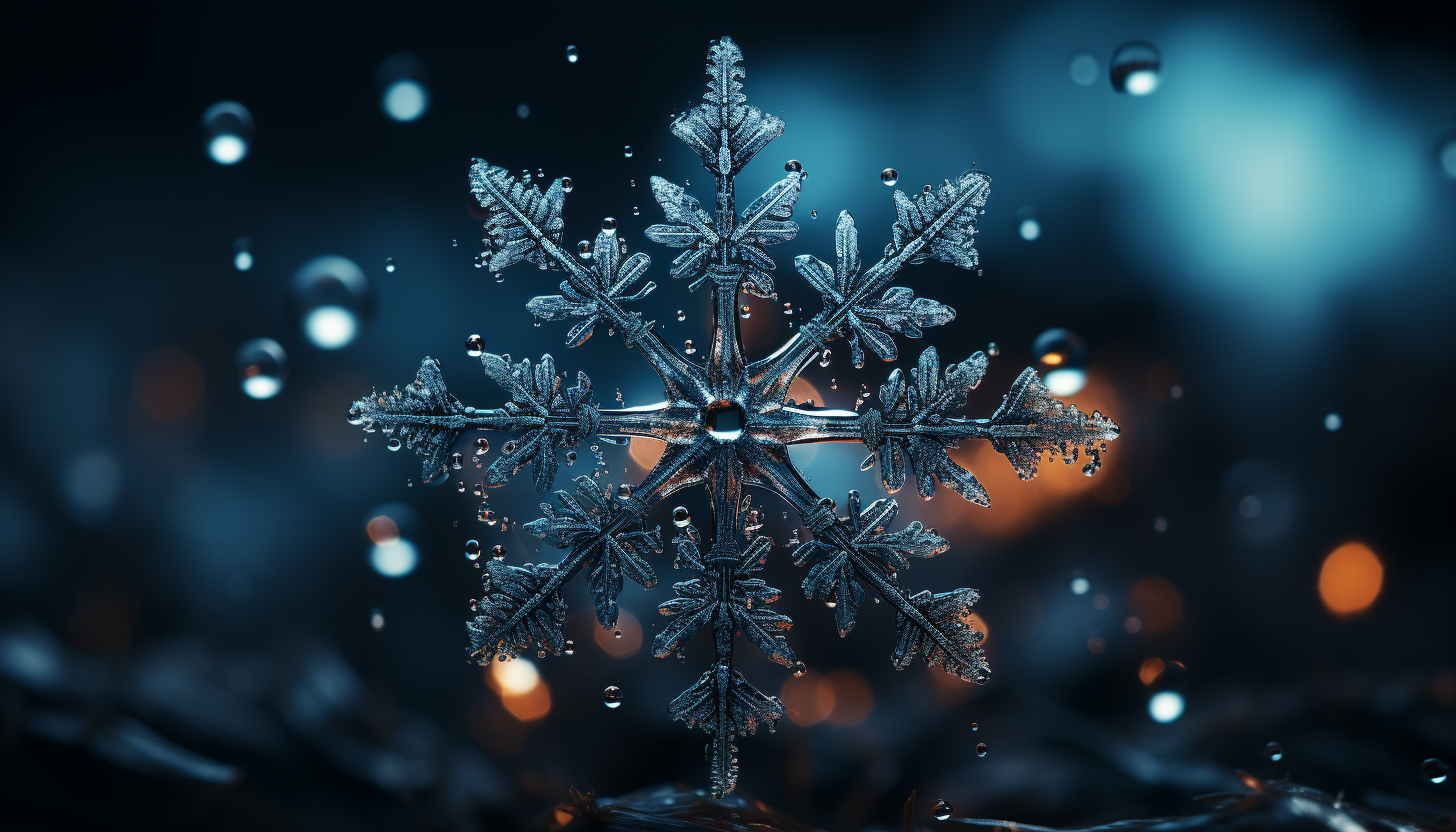 The complex structure of a snowflake, captured in a macro photograph.