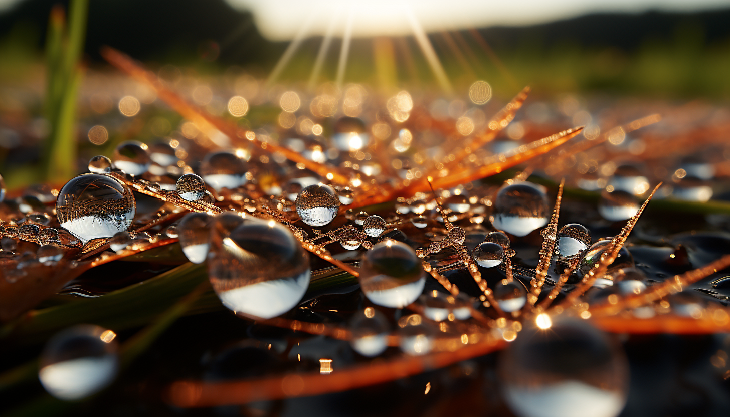 Macro view of dewdrops on a spider's web, reflecting the morning sun.