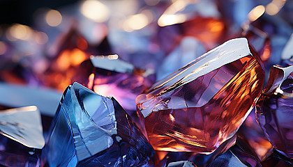 Extreme close-up of a crystal, showcasing its geometric beauty and colors.