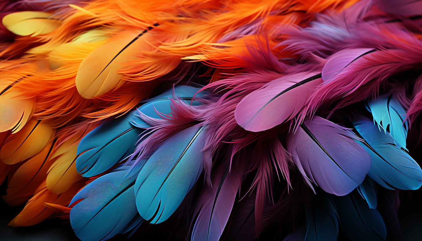 Macro photography of colorful feathers, revealing intricate details.