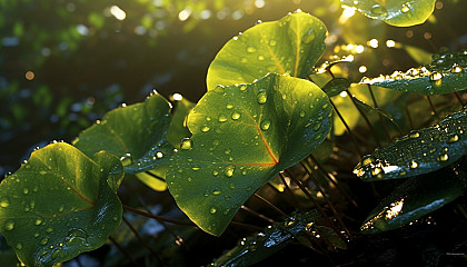 Dew-kissed leaves shimmering in the morning sunlight.