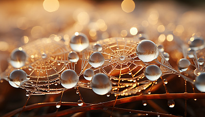 Close-up of dew-covered spiderwebs shimmering in the morning light.