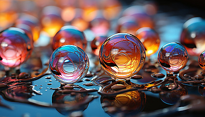 Macro shot of iridescent soap bubbles capturing reflections.