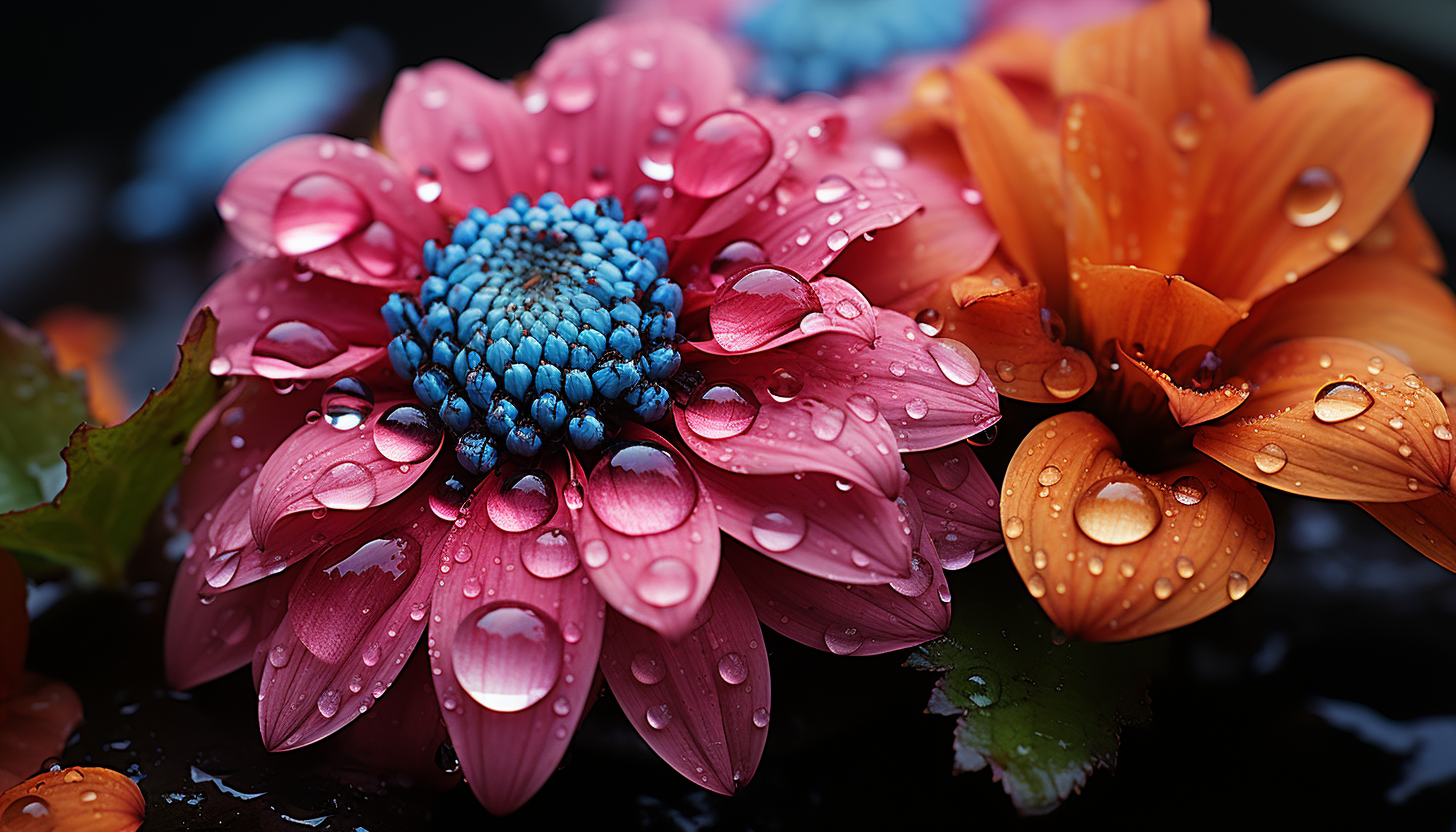 Extreme close-up of dew drops on a vibrant flower petal.