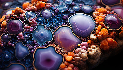 A macro view of crystalline structures in a geode, reflecting vibrant hues.