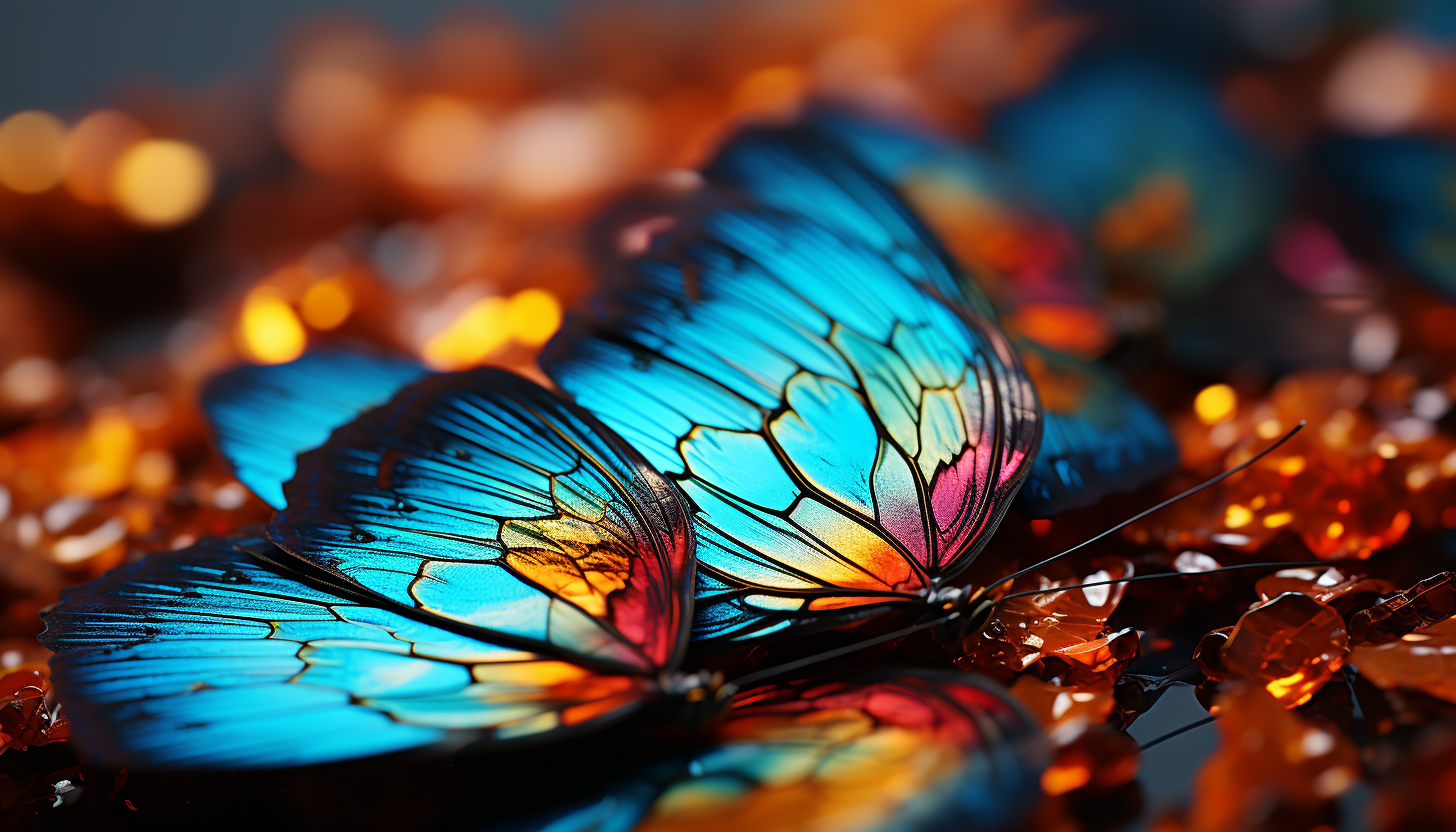 Close-up of a butterfly's wing, revealing intricate patterns and vivid colors.