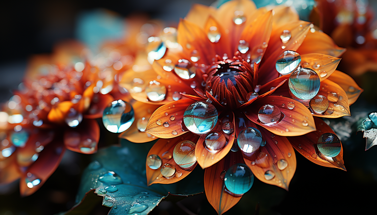 Close-up of dewdrops on a vibrant flower petal, reflecting the morning sun.