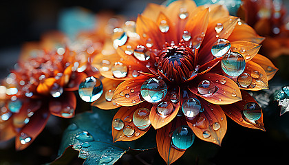 Close-up of dewdrops on a vibrant flower petal, reflecting the morning sun.