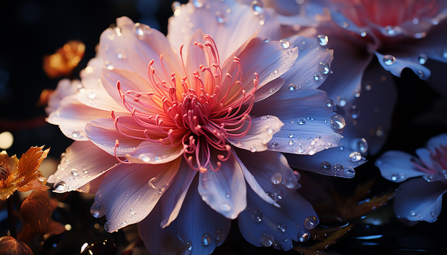 Extreme close-up of a blooming flower, revealing its textures and hues.