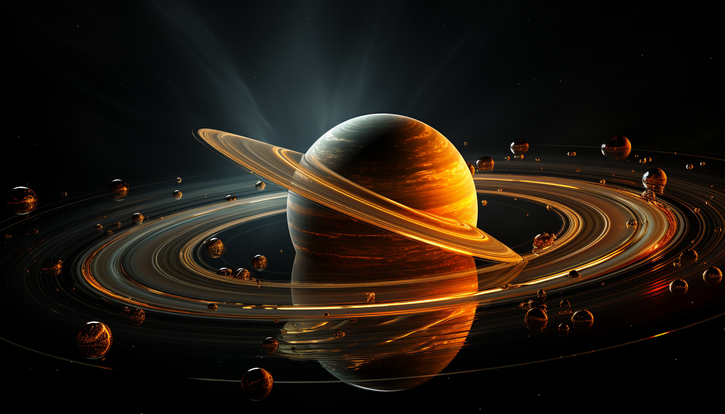 The rings of Saturn viewed through a high-powered telescope, showing their complex structure.