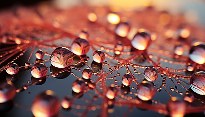 A close-up of dewdrops on a spiderweb, reflecting the colors of dawn.