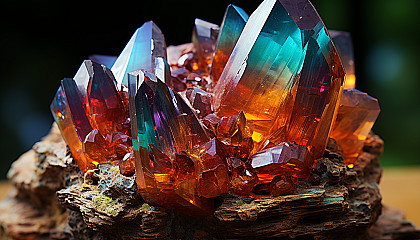 Macro view of a crystal, showcasing its complex structure and prismatic colors.