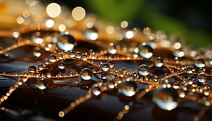 Macro shot of dewdrops on a spider's web, reflecting morning sunlight.