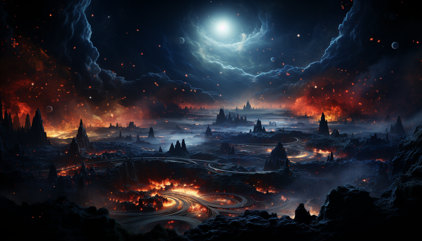 The swirling patterns of a galaxy as seen from a distant viewpoint.