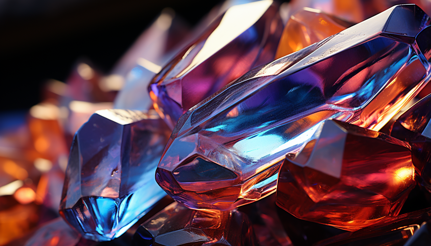 Extreme close-up of a crystal, showcasing its complex structure and refracted colors.