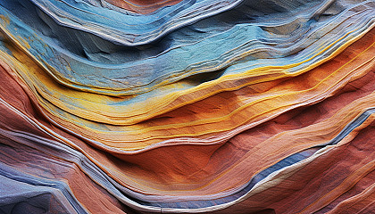 Swirling patterns of a colorful rock strata in a canyon wall.