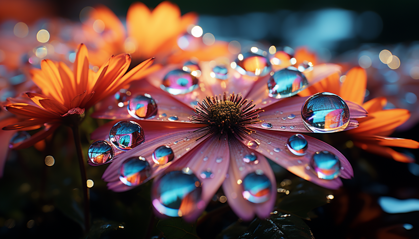 Close-up of dewdrops on a vibrant flower petal, reflecting the morning sun.